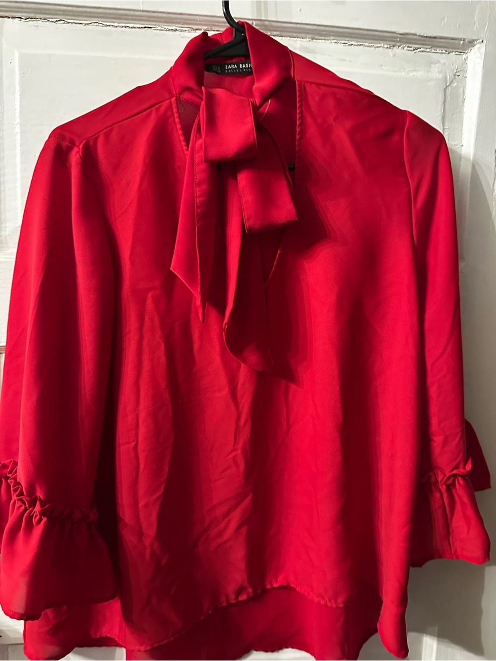 Zara Bright Red Tie-Neck Blouse with Ruffled Sleeves